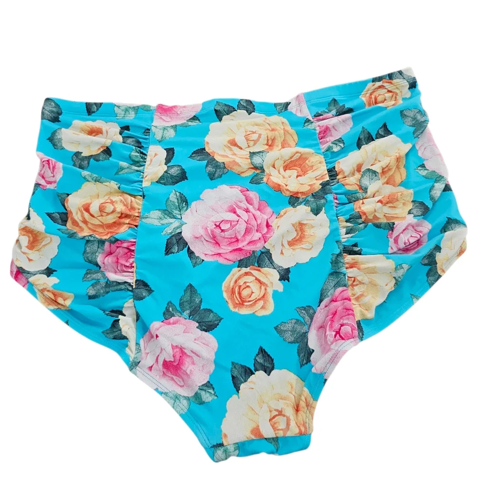 Torrid High-Rise Ruched Bikini Bottom Blue Pink Floral - Picture 3 of 4